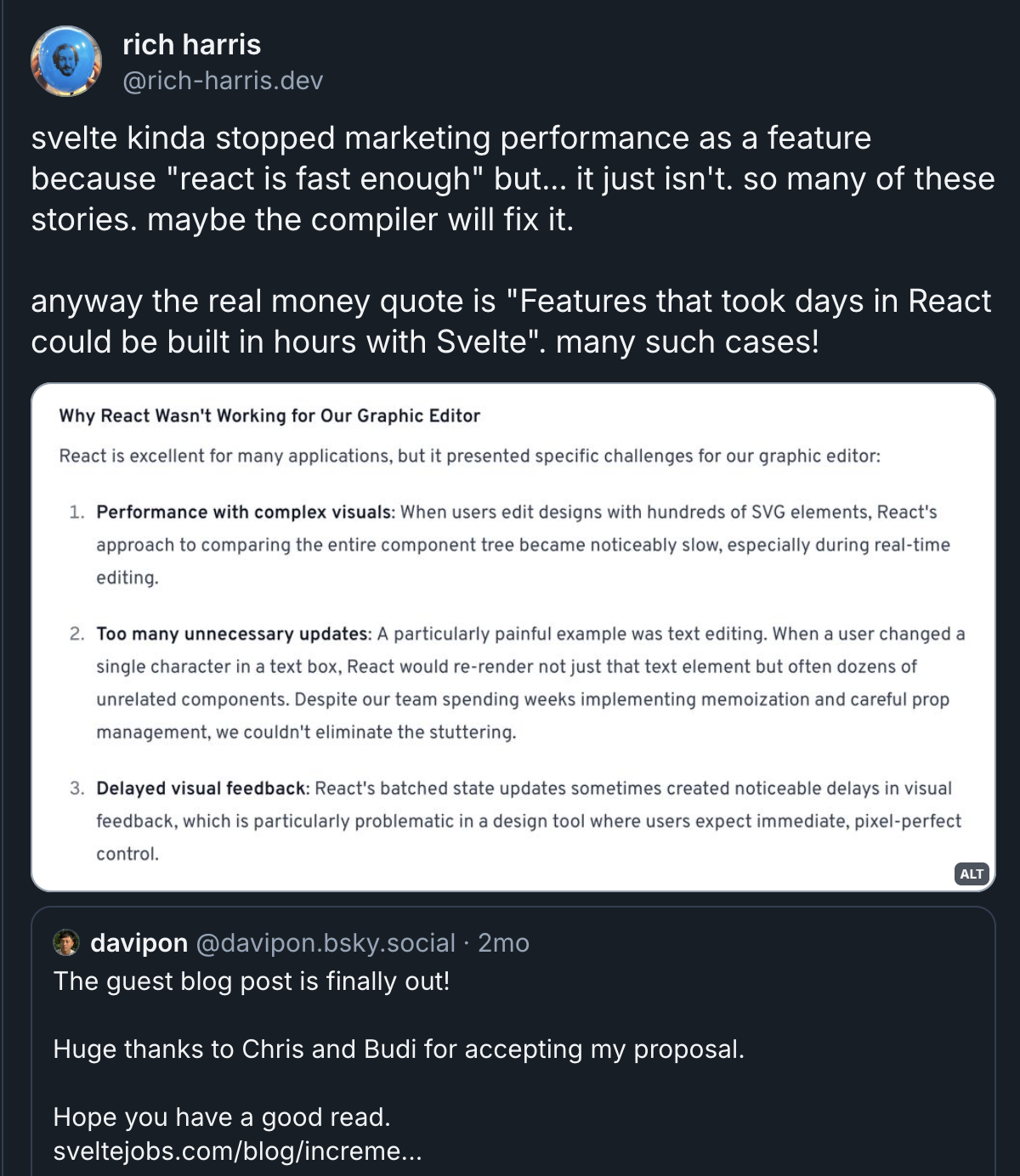 Rich Harris Bluesky Post about Svelte Performance